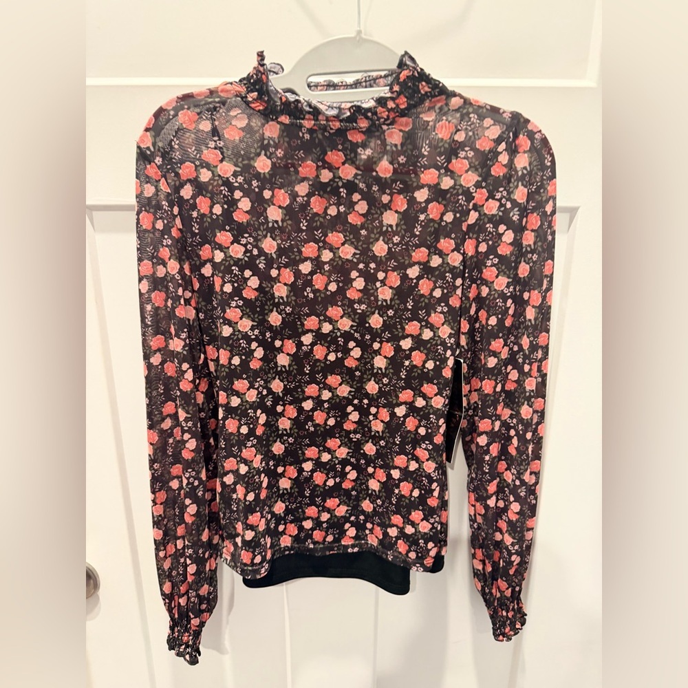 Almost Famous Floral Mesh Mock Neck Top Medium Sheer Layering Blouse